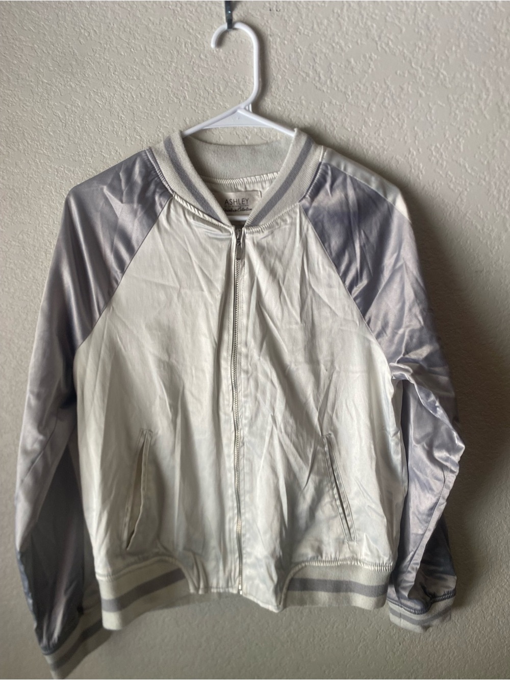 White and Light Gray Satin-Trim Disco Bomber Jacket, Fall athleisure streeetwear